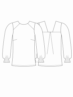 Dessin technique patron blouse Myraj version 1 empiècements, décolleté dos et pli creux
