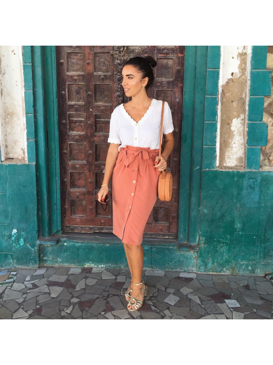 jupe sydney viscose cupro rose corail, ceinturée